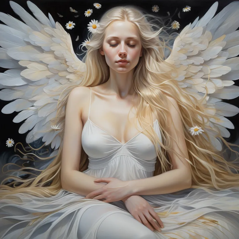 Golden Mist Winged Portrait - Fantasy oil painting, close-up portrait of a woman resting gracefully on her stomach. Her long luminous bioluminescent blonde hair spills around her in soft radiant waves. Behind her, enormous feathered wings unfold in white, grey, beige, and soft golden hues, embellished with daisies. She is dressed in a black top, layered white skirt, and boots, with a daisy crown atop her head. The setting includes a dark gris background with misty reflections, floating glitter falling through the air, and daisies scattered across the ground, creating a mystical and elegant composition. - AI image generated with Photorealistic - chalk, alcohol ink