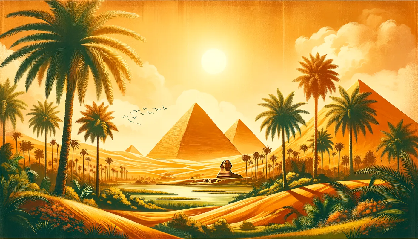 Golden Nile Landscape - Illustrate the gorgeous backdrop of a lush Nile landscape, filled with palm trees and pyramids in the distance. The scene should be bathed in warm, golden sunlight, enhancing the beauty of the portrait. - AI image generated with Art