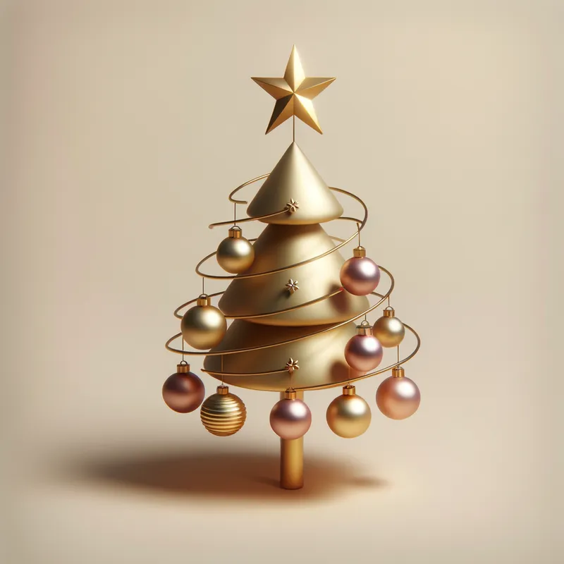 Golden Ornament Tree - Minimalist 3D style Christmas tree with a golden star on top, golden garlands, and 6 hanging ornaments on the sides - AI image generated with Art