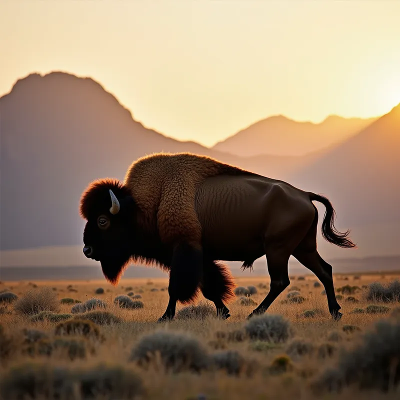 Golden Peaks - An image of a bison walking with a backdrop of mountains illuminated by the soft, golden light of the setting sun. - AI image generated with Photorealistic 2