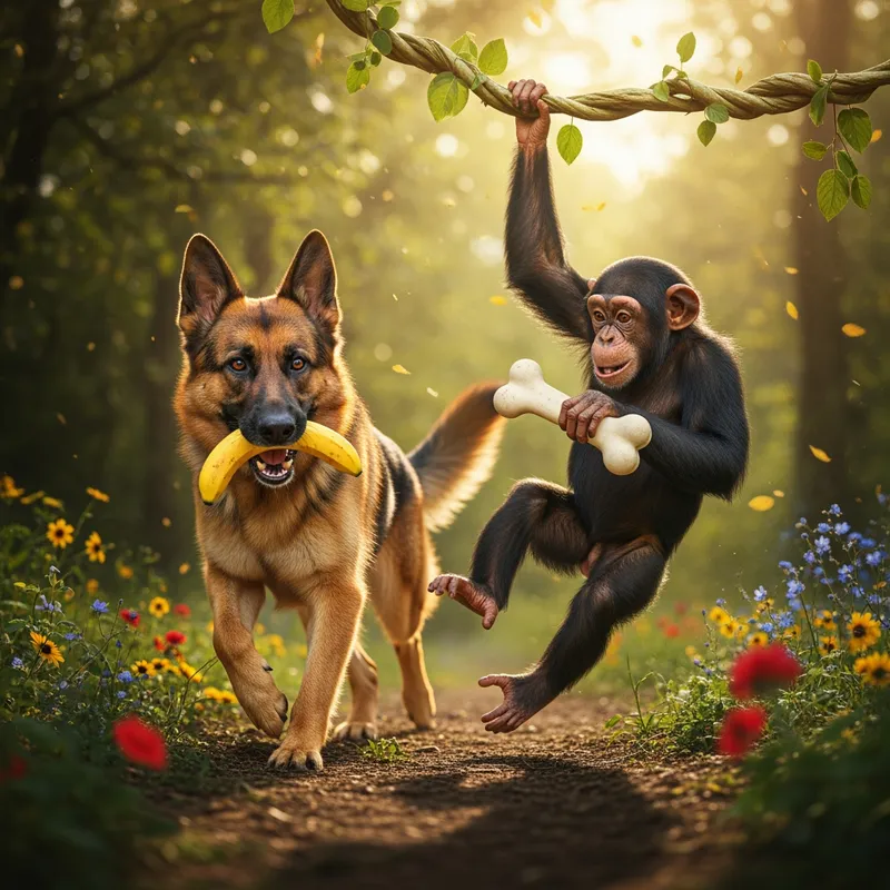 Golden Run: German Shepherd & Chimp - Envision a photorealistic scene. The warm golden light filters through the leaves, casting playful shadows on the rough forest terrain. In the center of this idyllic setting, a German Shepherd runs with glee, fur gleaming with the sunlight, its intelligent eyes focused on a curious chimpanzee beside swinging from a vine The chimp, wearing a light, whimsical expression, leans slightly forward, their camaraderie evident. Surrounding them are vibrant flowers in bloom, adding bursts of color to the scene, while a gentle breeze carries. the monkey should be holding a dog bone and the dog should be holding a banana - AI image generated with Imagen 4 Ultra