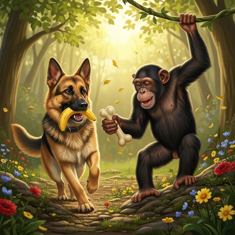 Golden Run: German Shepherd & Chimp - Envision a photorealistic scene.  The warm golden light filters through the leaves, casting playful shadows on the rough forest terrain. In the center of this idyllic setting, a German Shepherd runs with glee, fur gleaming with the sunlight, its intelligent eyes focused on a curious chimpanzee beside swinging from a vine The chimp, wearing a light, whimsical expression, leans slightly forward,  their camaraderie evident. Surrounding them are vibrant flowers in bloom, adding bursts of color to the scene, while a gentle breeze carries.  the monkey should be holding a dog bone and the dog should be holding a banana - AI image generated with Imagen 4 Ultra