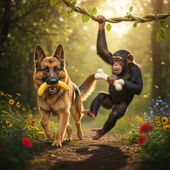 Golden Run: German Shepherd & Chimp