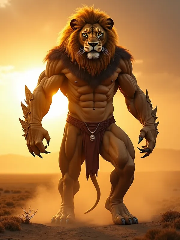 Golden Savanna Hybrid - A highly detailed hybrid creature combining a majestic lion and a muscular human. The creature has the face of a lion with a golden mane flowing like fire, sharp feline eyes, and a powerful jaw. The body is that of a human, with massive, well-defined muscles, veins visible under the skin, and a heroic, godlike physique. The skin is a blend of human texture and subtle fur patterns, with golden and brown tones. The hybrid stands in a dynamic pose, exuding strength and dominance, with claws on its hands and feet. The background is a dramatic, glowing sunset over a savanna, with dust and light rays adding depth and atmosphere. Ultra-realistic textures, intricate details, and cinematic lighting, facing the camera.
 - AI image generated with Photorealistic 2