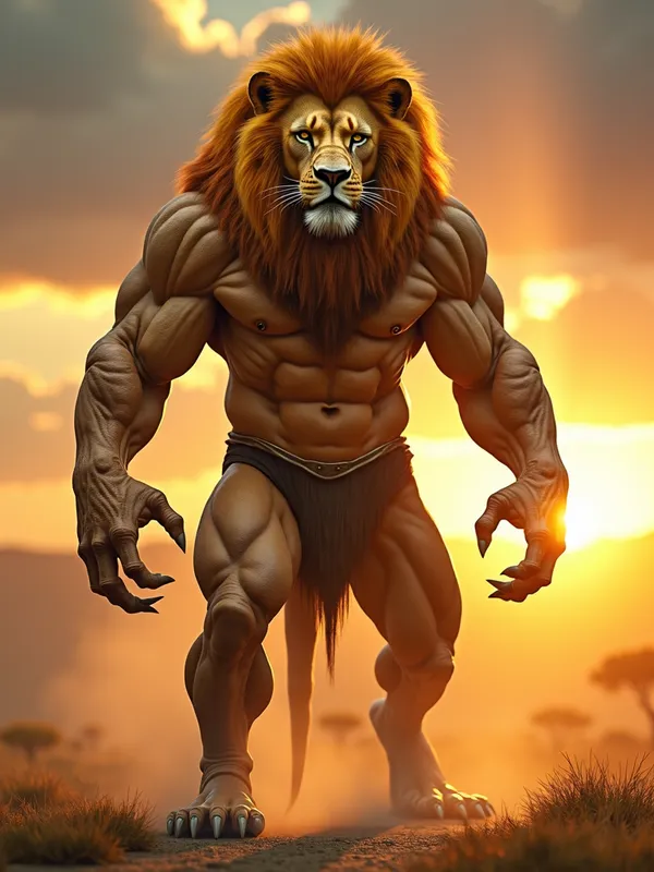 Golden Savanna Hybrid - A highly detailed hybrid creature combining a majestic lion and a muscular human. The creature has the face of a lion with a golden mane flowing like fire, sharp feline eyes, and a powerful jaw. The body is that of a human, with massive, well-defined muscles, veins visible under the skin, and a heroic, godlike physique. The skin is a blend of human texture and subtle fur patterns, with golden and brown tones. The hybrid stands in a dynamic pose, exuding strength and dominance, with claws on its hands and feet. The background is a dramatic, glowing sunset over a savanna, with dust and light rays adding depth and atmosphere. Ultra-realistic textures, intricate details, and cinematic lighting, facing the camera.
 - AI image generated with Photorealistic 2