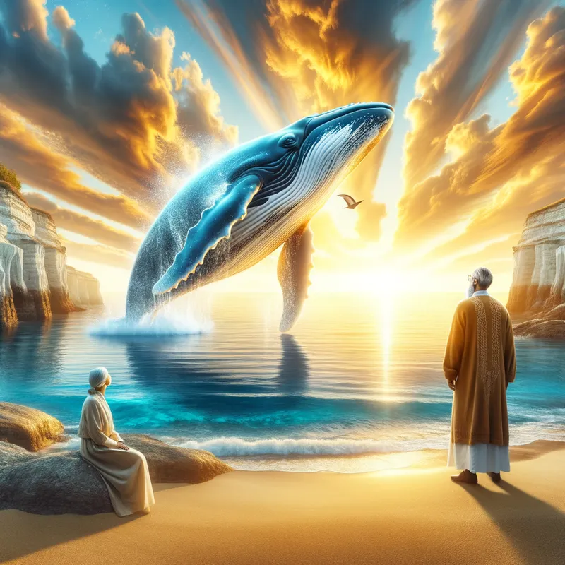 Golden Sky, Majestic Whale - A visually striking image of a whale emerging from calm waters under a golden, radiant sky. An ancient man in simple attire watches from the shore, highlighting the epic and spiritual nature of the scene. The setting is a natural landscape with rocks and sand, featuring vibrant ocean blues and warm golds. - AI image generated with Art