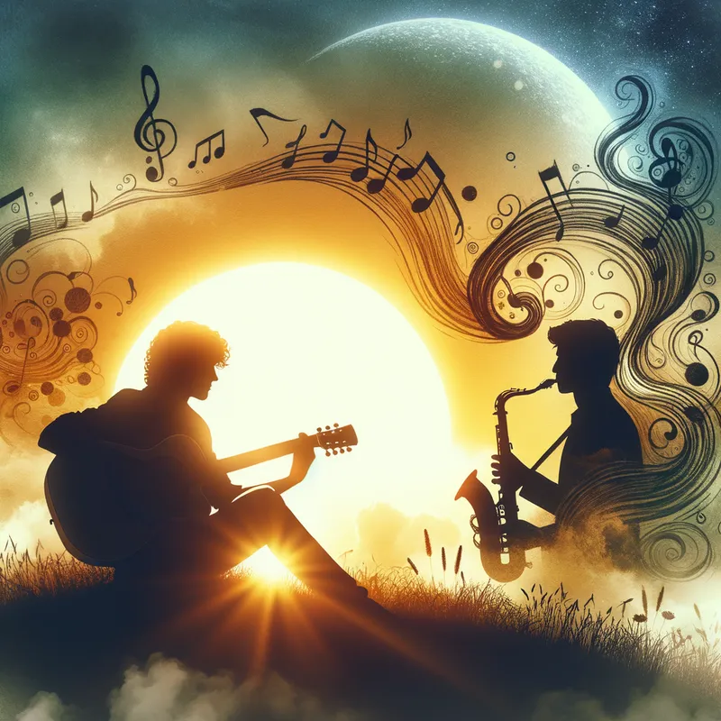 Golden Strum: Hillside Duet - A silhouette of a guitarist strumming their guitar with blond curly shoulder length hair while sitting on a hill, with the sun setting behind them and casting a warm, golden glow over the scene with his brother playing his saxophone short curly dark brown hair, musical notes floating around
abstract, double exposure, motion blur, sketching, high dynamic range), fantasy art, profile view, picture of the day, highlights: Nikon D700, Nikkor 50mm 1.8, dark tones, over-the-shoulder, musical notes floating in air - AI image generated with Art