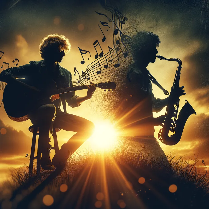 Golden Sunset Jam Session - A silhouette of a guitarist strumming their guitar with blond curly shoulder length hair while sitting on a hill, with the sun setting behind them and casting a warm, golden glow over the scene with his brother playing his saxophone short curly dark brown hair, musical notes floating around
 - AI image generated with Art - abstract, double exposure, motion blur