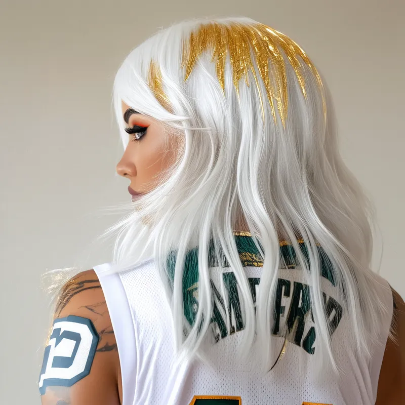 Golden-Tipped Hair, Jersey #10 Sketch - White hair with golden dyed tips, basketball jersey with the number ten and the name Emperor and, any basket ball team name - sketching