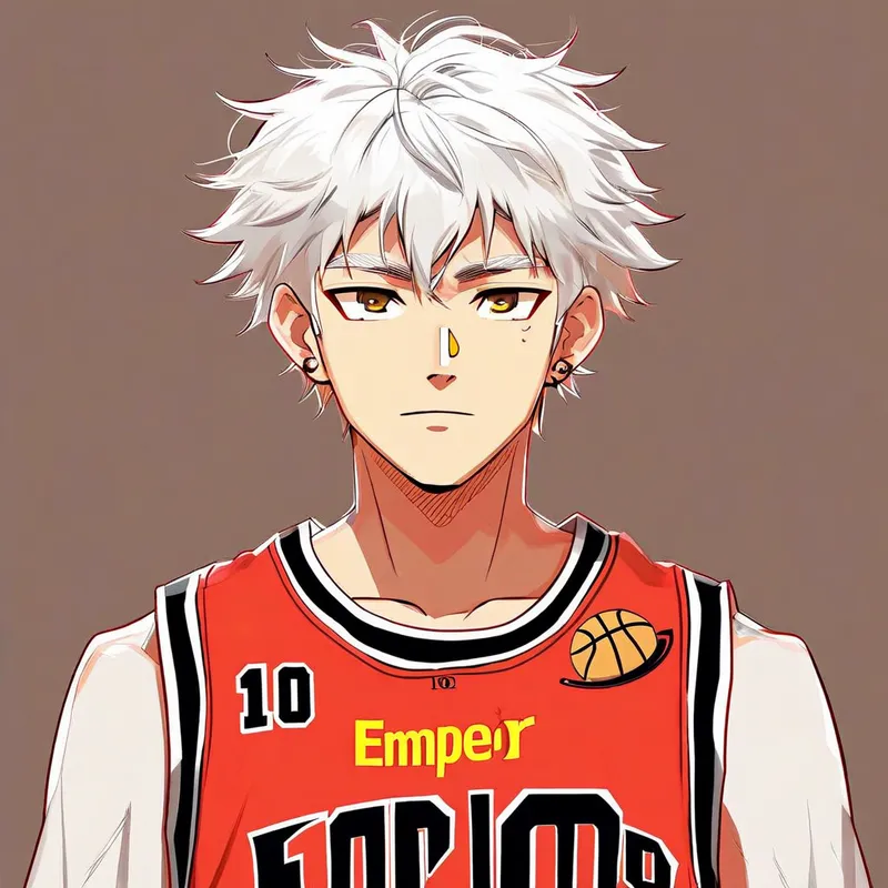Golden-Tipped Hair, Jersey #10 Sketch - White hair with golden dyed tips, basketball jersey with the number ten and the name Emperor and, any basket ball team name - AI image generated with Nova Canvas - sketching