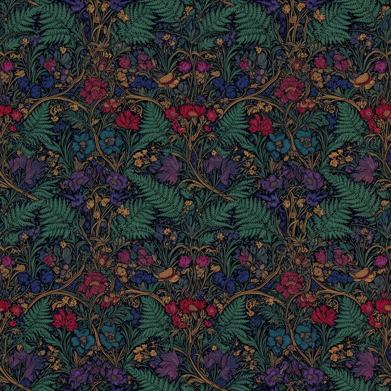 Golden Vine Folk Repeat - Design a seamless repeat botanical pattern in a dense folk art style, featuring layered hand-drawn ferns, winding vines, and blooming wildflowers interwoven across the full canvas. Use deep emerald, sapphire, ruby, and amethyst tones accented with burnished gold and dark, refined ink outlines. Maintain a flat decorative aesthetic with botanical motifs evenly distributed so there are no empty areas. The repeating tile should feel harmonious and continuous, ideal for fabric and wallpaper applications. High-detail artwork, 6500x6500 pixels, 300 DPI, with visual inspiration drawn from William Morris and Alphonse Mucha. - AI image generated with Flux 2
