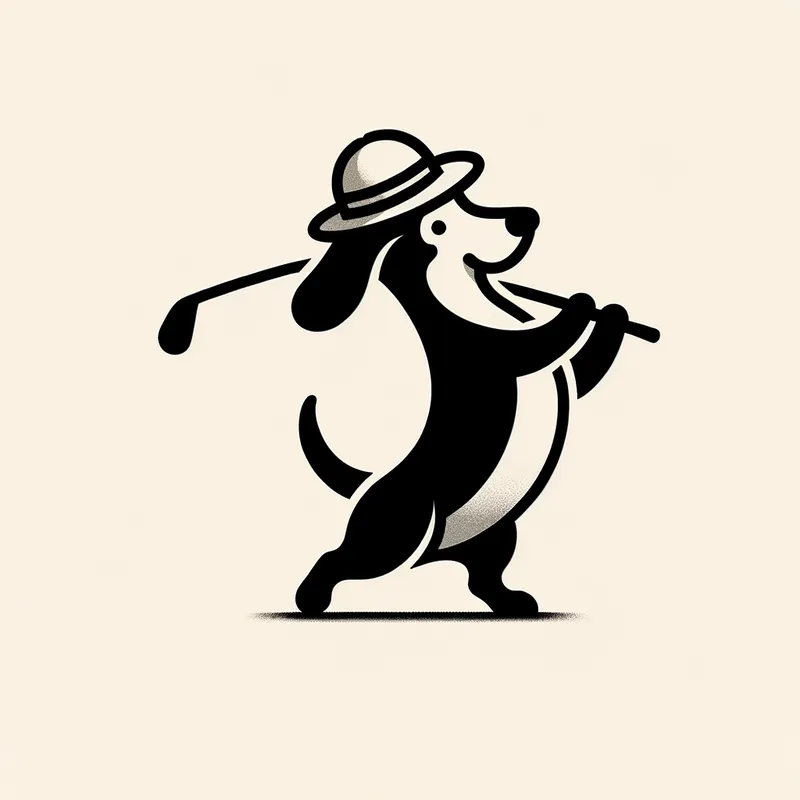 Golfing Wiener Dog - A minimalist illustration of a wiener dog facing sideways, swinging a golf club energetically, with a hat perched on its head. - AI image generated with Art