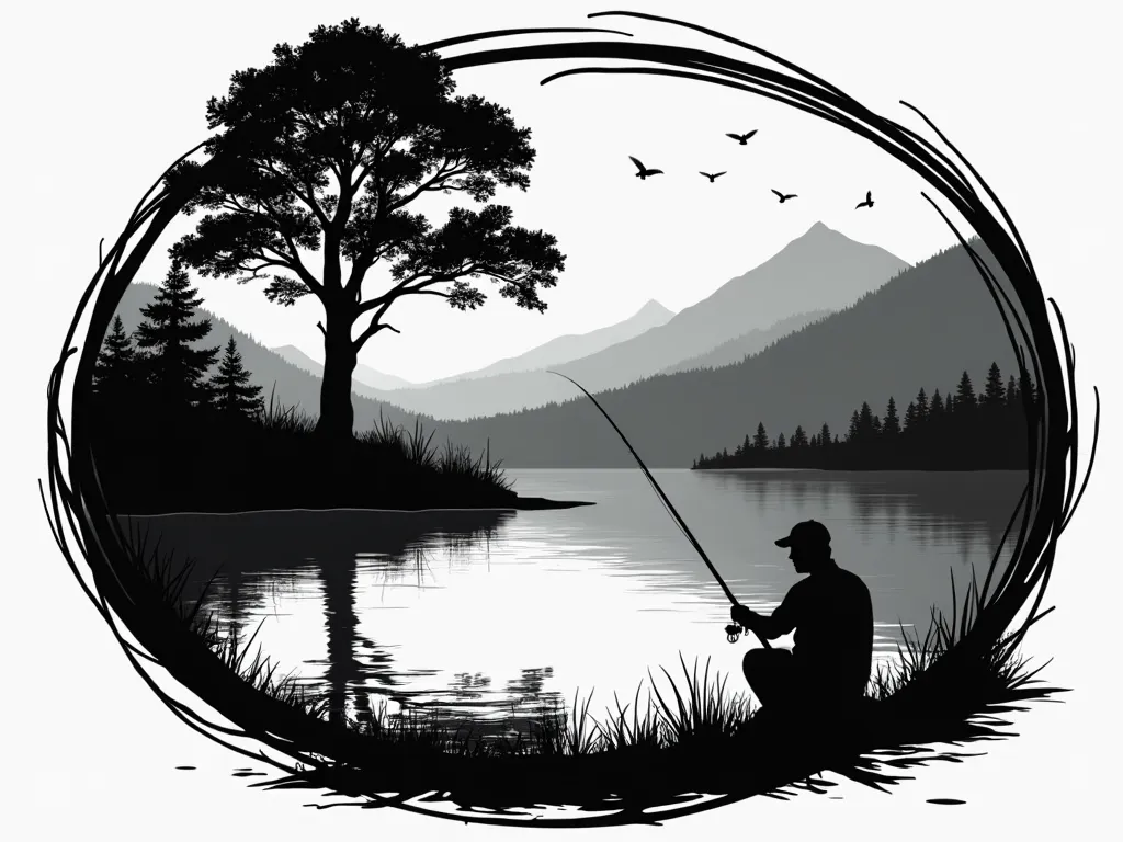 Gone Fishing Sign: Man by Pond - simple monochrome sign "Gone Fishing" with a silhouette of a man fishing under a tree by a pond - AI image generated with Photorealistic 2