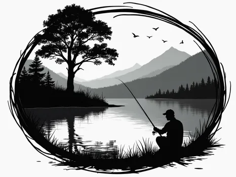 Gone Fishing Sign: Man by Pond