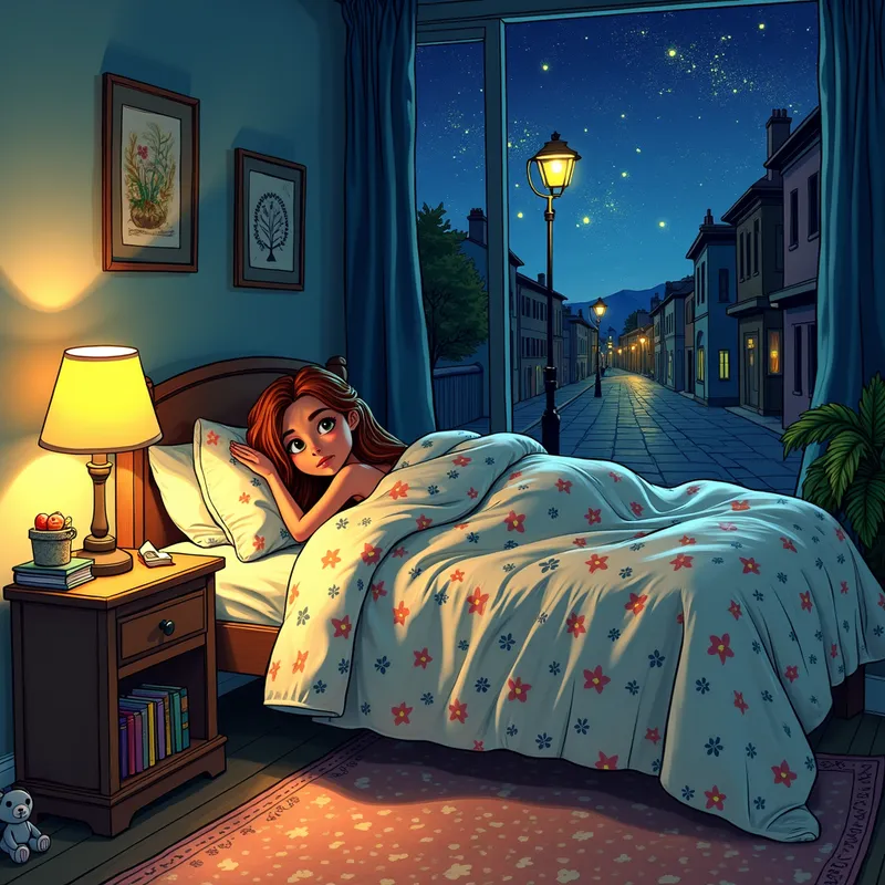 Goodnight Pam - Pam is seen turning off her nightstand lamp and settling under a floral patterned blanket. Her room has a cozy ambiance with books and stuffed animals around. - AI image generated with Text - water splashes, deserted street at night, abstract