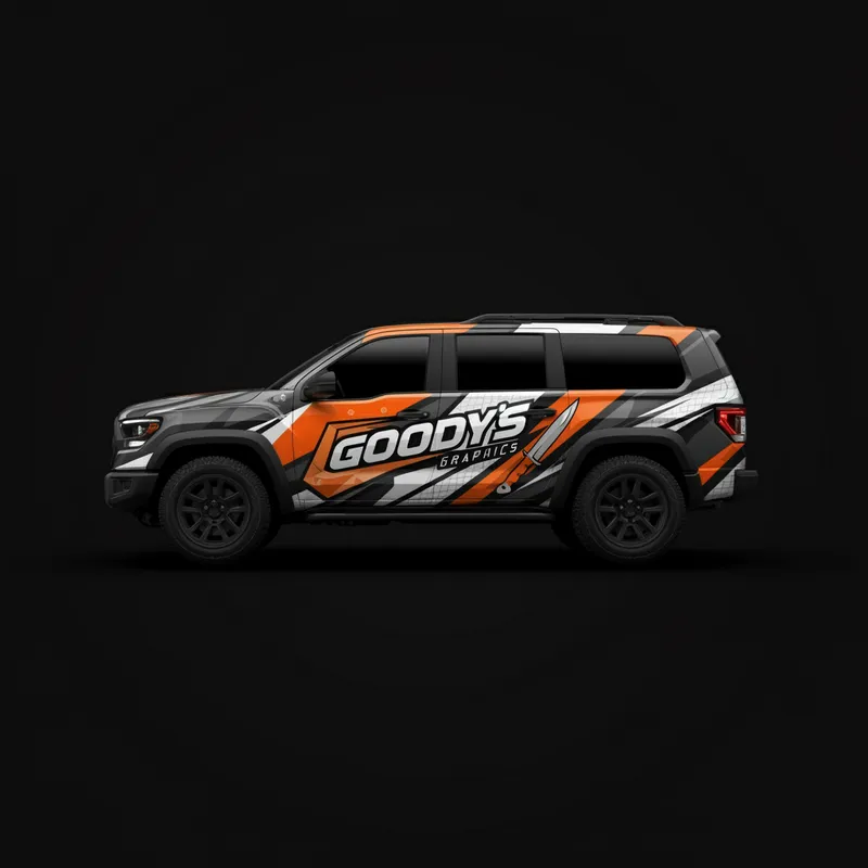 Goody's Graphics Modern Logo - "Create a logo for Goody's Graphics featuring an orange, black, and white color scheme. Incorporate a vehicle wrap design and a knife symbol to highlight the graphic and sharpness elements. The logo should be modern, bold, and eye-catching." - AI image generated with Imagen 3