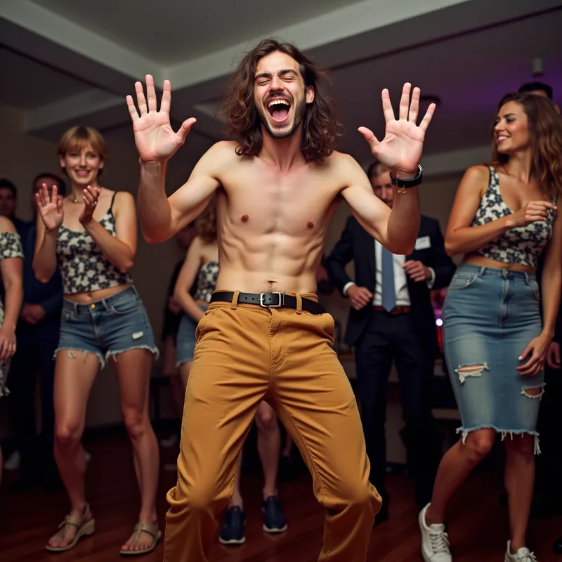 Goofy Dance Moves - A person performing ridiculous and over-the-top dance moves at a party, causing others to laugh uncontrollably. - AI image generated with Photorealistic 2