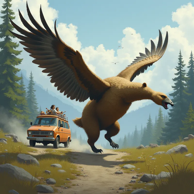 Goose-Bear Chases Family Minivan - a creature that is half goose, half grizzly bear, where it has the head ,face and body of a grizzly bear, while it has a long neck of a goose as well as having a set of wings capable of sustained flight. its chasing a minivan containing a terrified family that accidently tried camping in its territory. their campsite is being ransacked by the creatures children. - AI image generated with Photorealistic 2