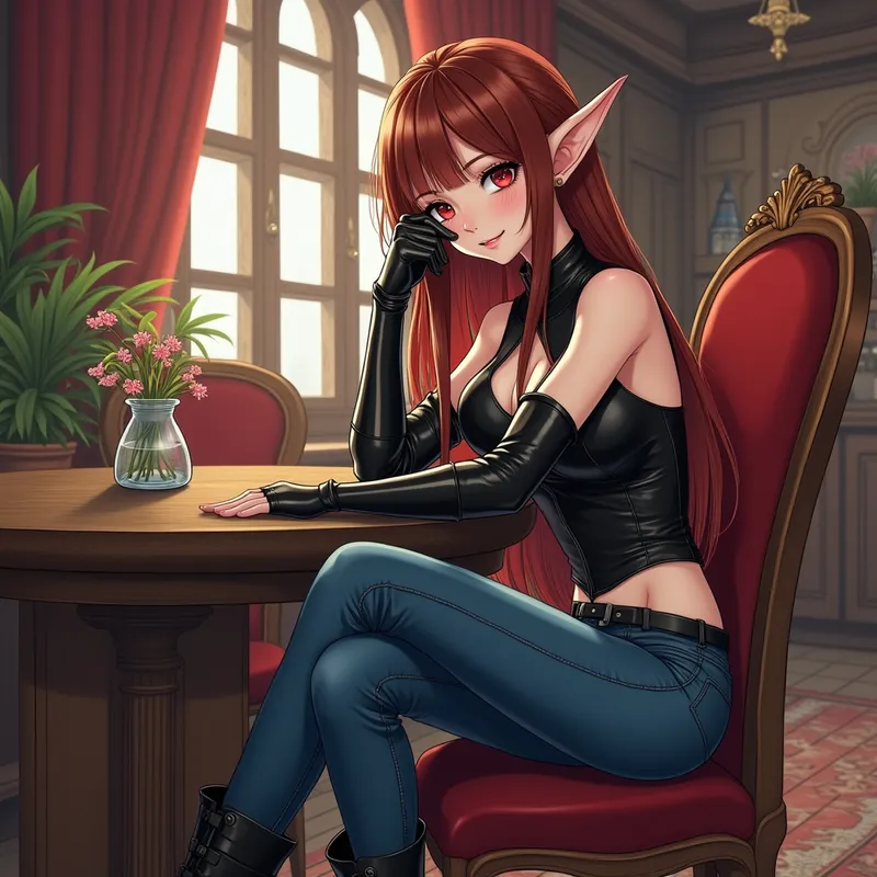Gorgeous Elf Woman’s Intense Smile - In a peaceful, lavish inn, a magnificent elf girl with eye-catching red eyes, sleek long hair, and a revealing leather tunic sits at a table. She wears glossy, black leather gloves, form-fitting blue jeans, and tall shiny boots, looking at the viewer intensely and smiling with tenderness, depicted in rich manga color. - AI image generated with Photorealistic 2
