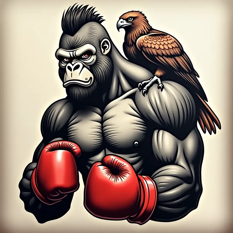 Gorilla Boxer Tattoo - Detailed tattoo art featuring a muscular gorilla with a stylish barbershop bald fade short on top. It wears boxing gloves with a fierce expression. A hawk is resting on its shoulder. The palette consists solely of red, black, and grey. - AI image generated with Photorealistic 2