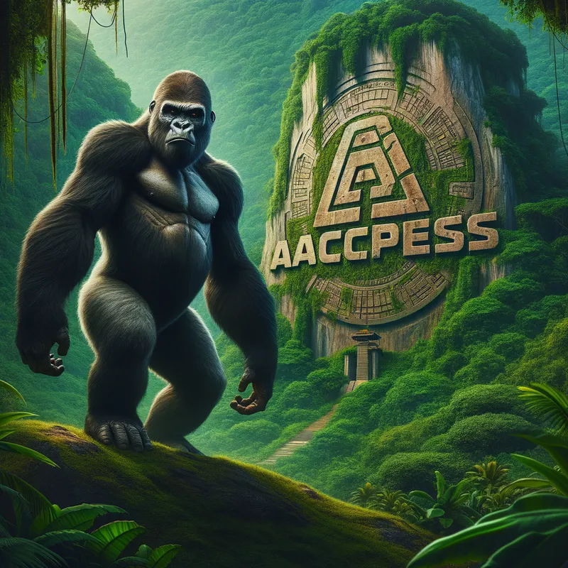 Gorilla Guardian - A robust gorilla standing on two legs, facing the viewer. Behind it, 'ApeAccess' is carved into the hillside, surrounded by dense jungle vegetation. - AI image generated with Art