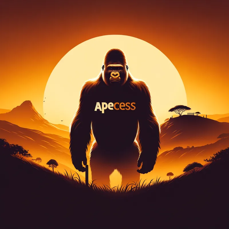 Gorilla Standing Proud - A majestic gorilla standing upright, with 'ApeAccess' written on a hill in the background. The scene is set during sunset, casting warm hues over the landscape. - AI image generated with Art
