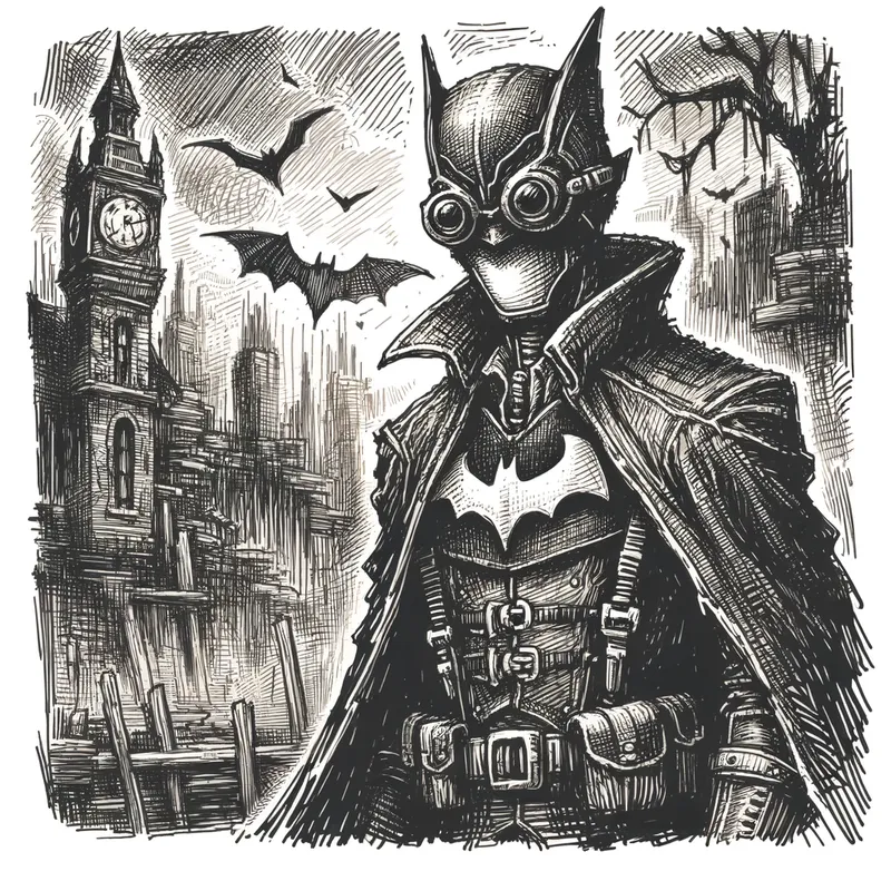 Gothamic Doodle - A doodle of the Batman, with the background of a run down Gotham city - AI image generated with Art - doodle, fantasy art