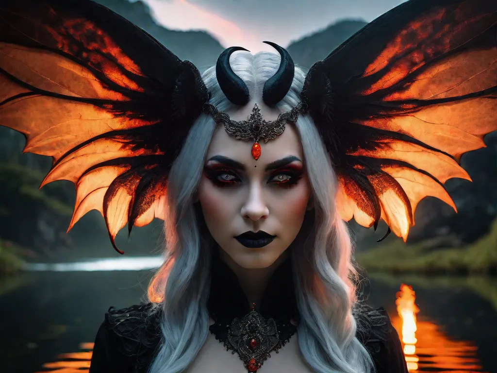 Gothic Aurora Siren - A gothic demon goddess with bold orange, black, and white ombre hair, all black eyes, and red pupils. She stands chest-deep in an enchanted pond inside a sacred cave, with her black wings beautifully outlined by firelight. Fantasy art captured in HDR, using a Cinema Lens and Master Shot. Soft focus lens creates hyper-realistic imagery, enhanced by star-like glow worms and the northern lights. - AI image generated with Fictional