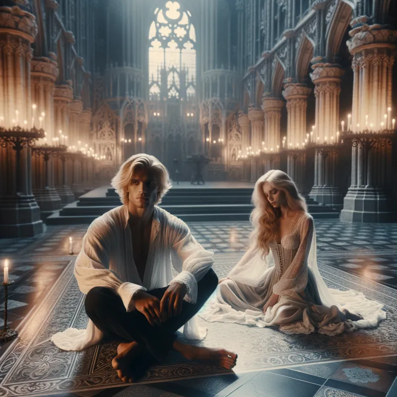 Gothic Companions - A serene yet enigmatic scene of a blonde man seated on the decorated floor of a gothic castle. The blonde woman beside him exudes grace, and the atmosphere is rich with gothic architectural details and dim, enchanting lighting. - AI image generated with Art