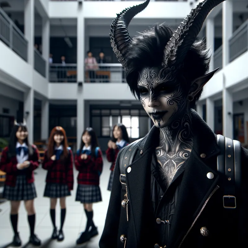 Gothic Demon Boy with Friends at School - A gothic demon boy with dark, intricate features and horns is seen in a modern school setting, surrounded by his friends who possess unique, supernatural traits. The scene captures their friendship and youthful energy against the backdrop of school lockers and classrooms, blending dark gothic imagery with everyday school life. - AI image generated with Art