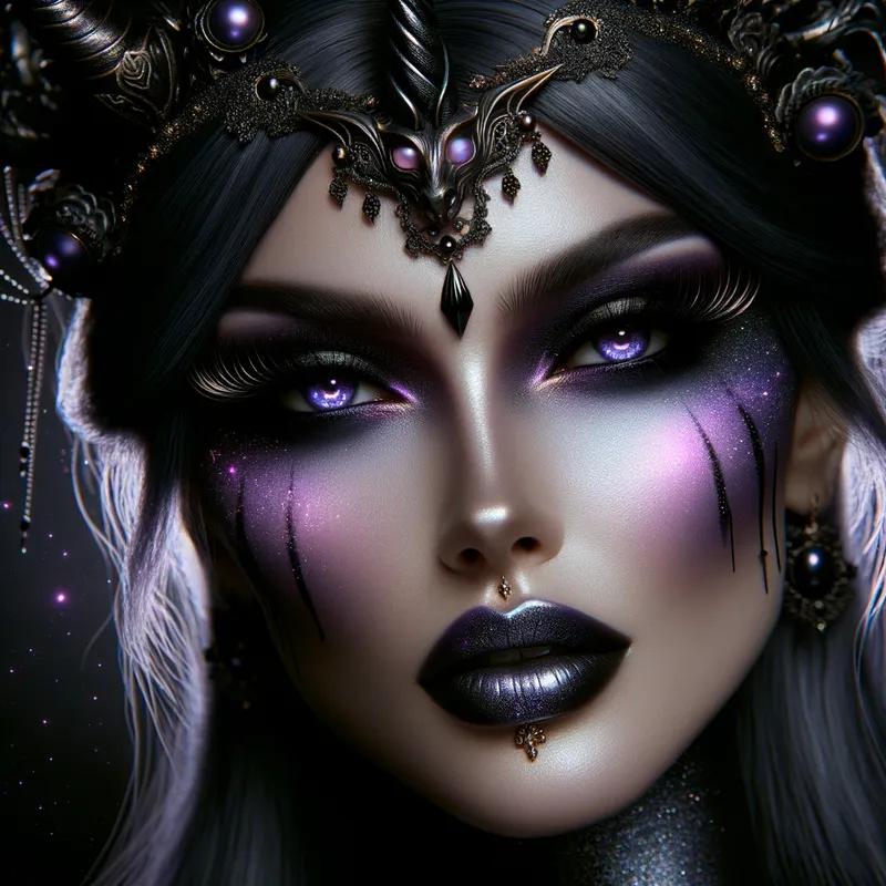 Gothic Demoness - A mystical and powerful demoness with a gothic and cosmic aesthetic. She has a sleek, sharp face adorned with striking makeup: her eyes are a vivid, glowing violet, surrounded by dark, inky eyeshadow that drips elegantly down her cheeks. Her lips are glossy and jet-black. She wears an ornate, black unicorn horn adorned with golden accents and intricate metallic details. - AI image generated with Art