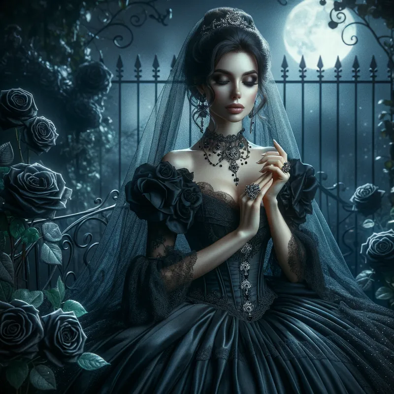 Gothic Garden Serenity - A serene scene of a gothic woman in a dark, enchanting garden. She wears a voluminous black dress with a veil and intricate jewelry. Her serene expression complements the calm atmosphere, where black roses and wrought iron fences decorate the garden. The moonlight adds a silvery glow to the entire scene. - AI image generated with Art - fantasy art