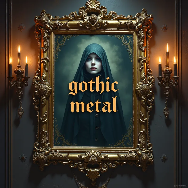 Gothic Metal Fantasy - In the background of a mystical fantasy scene, a large, ornate, gold-leafed frame hangs on the wall, with a mysterious, old-world portrait inside, emitting a subtle, eerie ambient glow, and the words 'gothic metal' in bold, gothic writing. The atmosphere is opulent, with deep, rich colors and intricate textures. - AI image generated with Photorealistic 2 - fantasy art