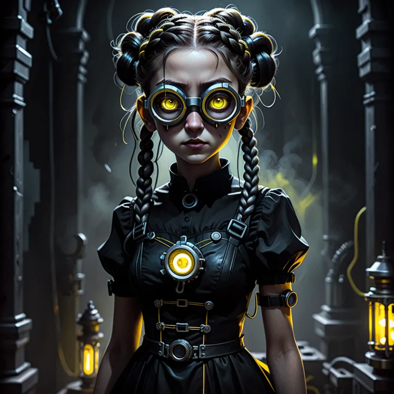 Gothic Minion Braids - A dark anime art portrait of a minion-inspired girl with braided hair, glowing eyes, and subtle mechanical goggles, wearing a black gothic dress with yellow accents, surrounded by smoky shadows and eerie ambient light. - AI image generated with Fictional