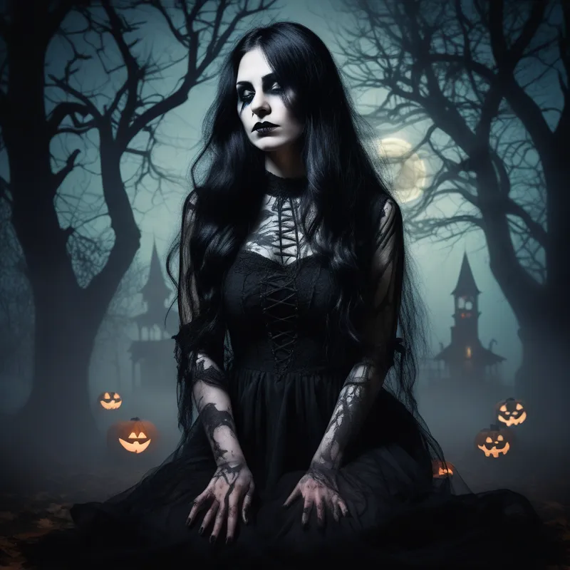 Gothic Moonlit Kneeling Silhouette - Double exposure portrait of a front-facing gothic woman kneeling, with long black hair flowing around her. Her silhouette is filled with a dark Halloween scene featuring eerie characters, twisted trees, haunted houses, and glowing jack-o'-lanterns. Fog and moonlight shine through the composition, creating an eerie atmosphere. Cinematic lighting, high contrast, ultra detailed, dark fantasy style. - AI image generated with Photorealistic - chalk, Salvador Dali