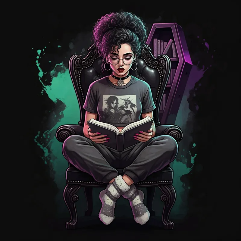 Gothic Nerd Nook - A young, ghostly-looking Mexican woman with curly hair and a gray streak in a messy bun, seated crisscrossed on an oversized black gothic-style chair, engrossed in a book. Wearing a crop top t-shirt, baggy sweats, and fuzzy socks, she has red lipstick, glasses, hoop earrings, a nose ring, and long nails. In the backdrop stands a coffin-shaped bookshelf. Inspired by Beetlejuice and Wednesday Addams with neon green, purple, black, and white colors in a 90s cartoon style. - AI image generated with Imagen 3 - cartoony, 1/3 side view, master shot