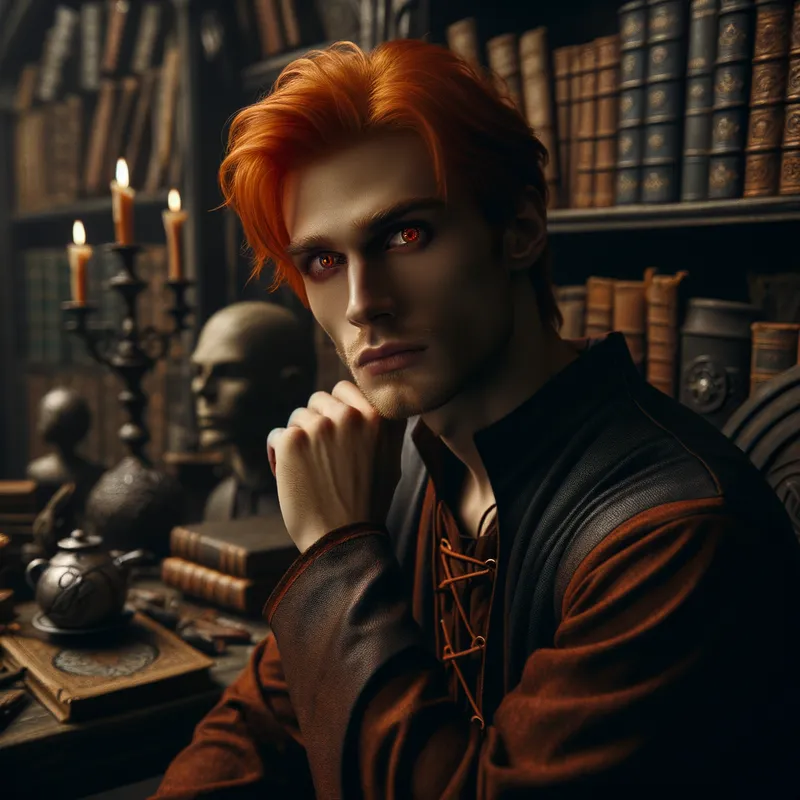 Gothic Scholar - An orange-haired male with dark red eyes sitting in a dimly lit, gothic-style library. He is surrounded by ancient books and mystical artifacts, with a thoughtful look on his face. - AI image generated with Art