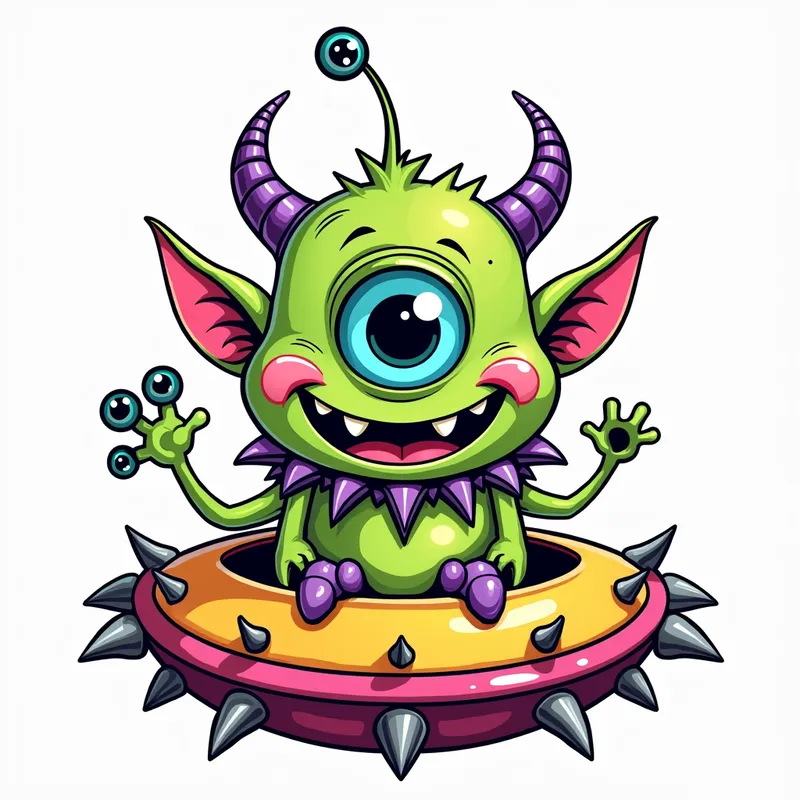 Gothic Space Monster - line art illustration of a cartoonish green monster with one large blue eye, a wide smile, and sharp teeth is centered in the image, featuring purple antennae with oval tips, green and pink ears, and purple feet and hands, set against a plain white background. It also has three additional eyes, on the end of stalks growing out of its head. It is wearing a gothic collar with huge metal spikes sticking out, and sitting in a brightly coloured spaceship which has metal spikes around the edge.. - AI image generated with Photorealistic 2