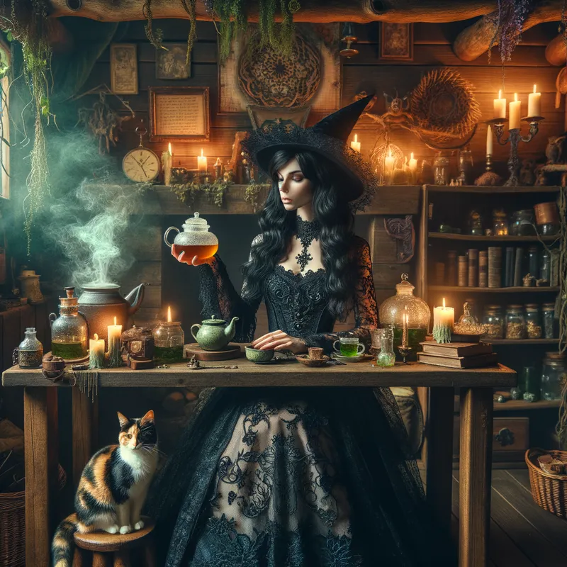 Gothic Witch Tea Time with Calico Cat - gorgeous gothic witch peacefully brewing tea with her calico cat - AI image generated with Art
