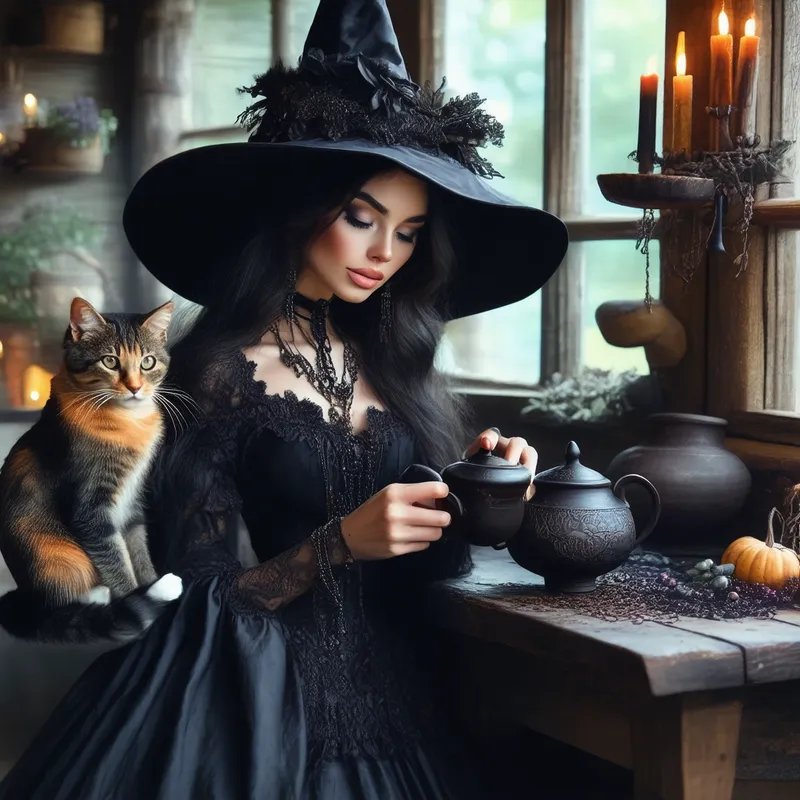 Gothic Witch Tea Time with Calico Cat - gorgeous gothic witch peacefully brewing tea with her calico cat