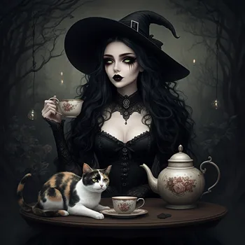 Gothic Witch Tea Time with Calico Cat