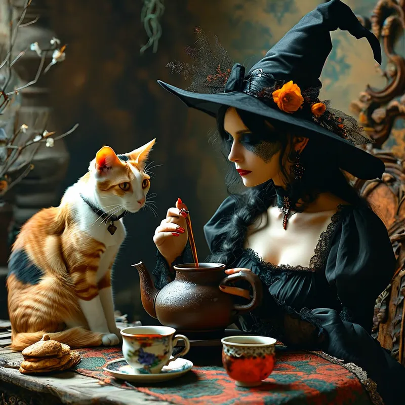 Gothic Witch Tea Time with Calico Cat - gorgeous gothic witch peacefully brewing tea with her calico cat - AI image generated with Nova Canvas