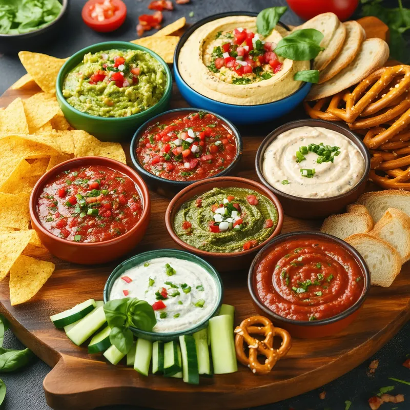 Gourmet Appetizer Dips - A vibrant and inviting spread of various appetizer dips presented on a rustic wooden board. The scene includes colorful bowls of guacamole, hummus, salsa, spinach dip, and queso. Each bowl is surrounded by an assortment of dippable items such as crispy tortilla chips, freshly cut vegetable sticks, artisanal bread slices, and pretzels. The background showcases an elegant and cozy kitchen setting, with warm lighting that accentuates the enticing textures and colors of the dips and dippers.
