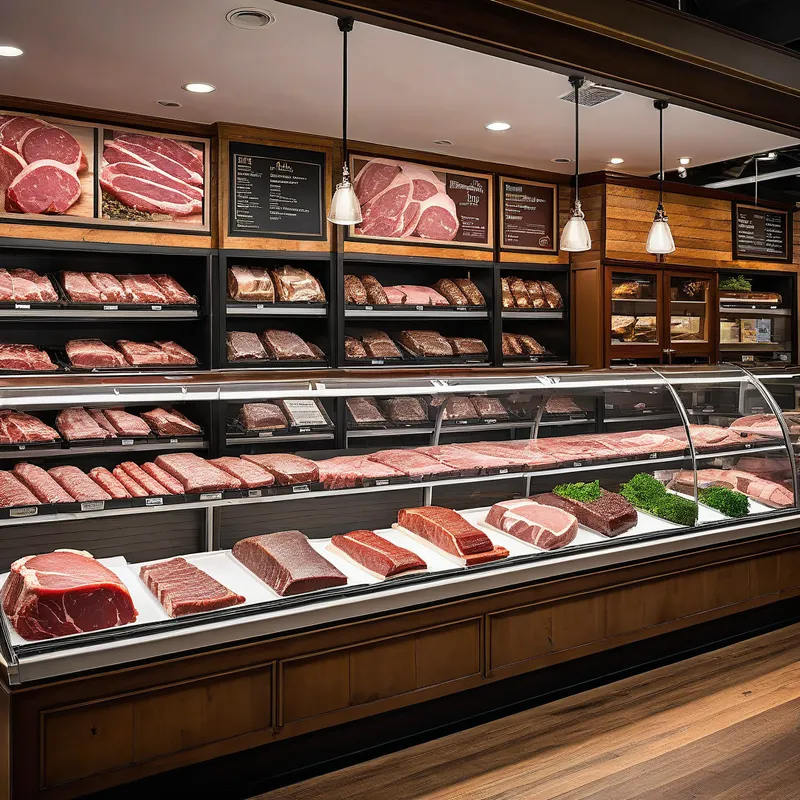 Gourmet Butcher's Counter - A high-end grocery store butcher's counter with a wide array of premium meats. The counter showcases dry-aged beef, organic chicken, specialty sausages, lamb racks, and hand-crafted meat blends, all presented with elegance and style. - AI image generated with Photorealistic