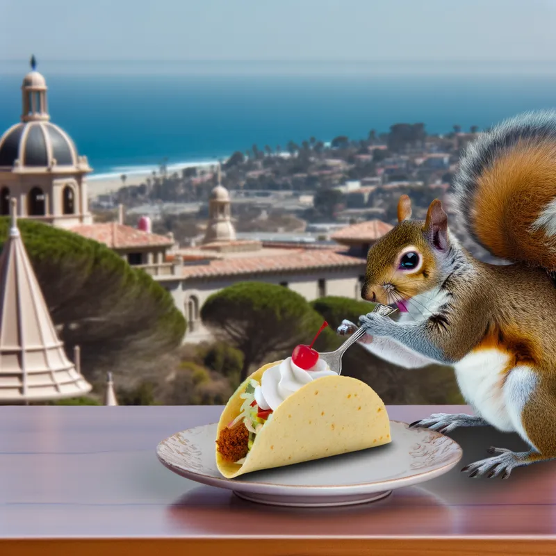Gourmet Squirrel - An elegant squirrel taste-testing a gourmet taco at a chic open-air restaurant with a scenic background view. - AI image generated with Art