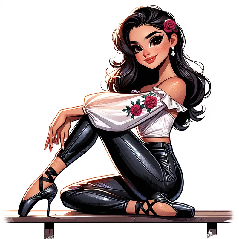 Graceful Ballerina - A beautiful Hispanic ballerina wearing a white blouse with rose decals, black leather jeans and black ballet pointe shoes. She is sitting upright on a bench and has her right leg crossed. She is viewed from the front posing gracefully for a profile picture also with a charming smile. Digital art illustration. - AI image generated with Art - cartoony, colorful, alcohol ink