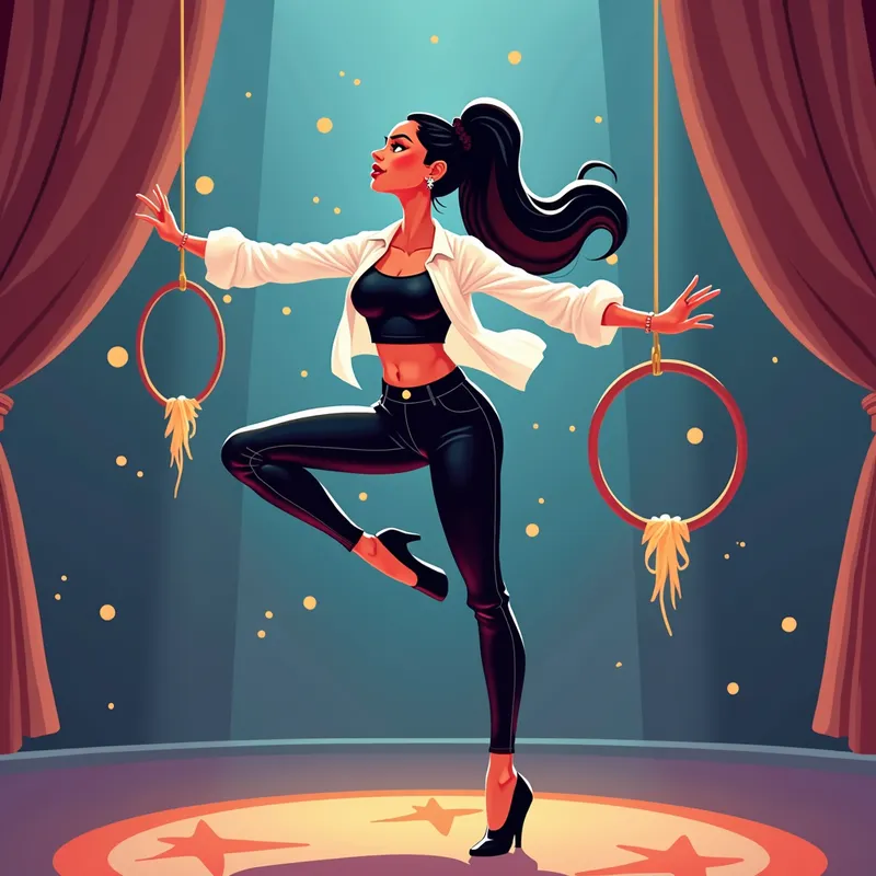 Graceful Ballerina Acrobat - A digital illustration featuring a talented Latina ballerina. She wears a combination of a white blouse, black top, and black leather jeans, with black ballet pointe shoes. She is poised en pointe, engaging in a captivating circus act with hooks and hoops. - AI image generated with Photorealistic 2 - cartoony, colorful