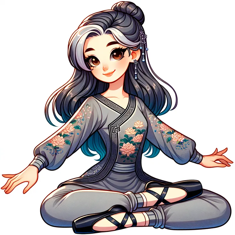 Graceful Elegance - An anime-style illustration of a graceful ballerina with lustrous silk hair, dressed in a grey Chinese decorated silk sweater and matching silk grey pants. She is seated cross-legged on the floor with black ballet pointe shoes, radiating a warm, inviting smile. - AI image generated with Art - alcohol ink, cartoony, colorful