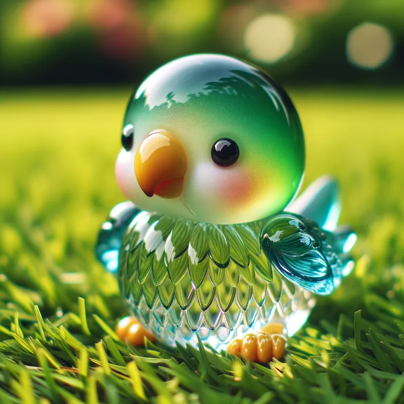 Graceful Glass Parrot - A nice and cute blown glass baby parrot, natural colors, bright and transparent, on the grass lawn. - AI image generated with Art