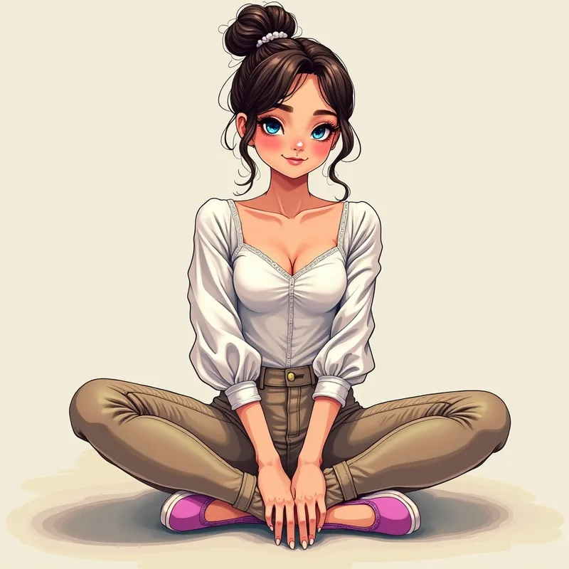 Graceful Serenity - A beautiful ballerina wearing a white blouse, beige leather jeans and rainbow colored pointe shoes sitting cross legged on the floor posing for a picture. The scene is depicted in stunning digital art with anime style elements. - AI image generated with Photorealistic 2 - alcohol ink, cartoony, doodle
